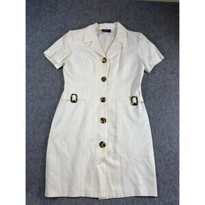 Vintage 90s JSJ Button Up Shirt Dress Women 8P Petites White Short Sleeve Belted